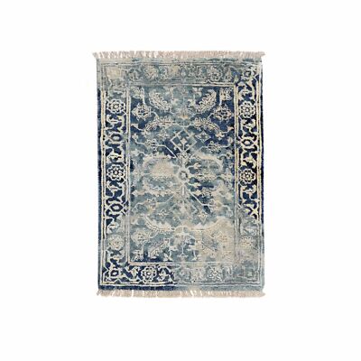 2'x3' BlueTeal Erased Wool And Silk Hand Knotted Broken Farsian Mat Rug G64385