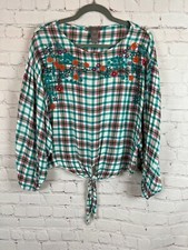 SHARON YOUNG check plaid embroidered cropped top straps shirt blouse rayon XS