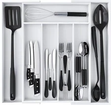 Utopia Kitchen Expandable Bamboo Utensil Drawer Organizer, Silverware White 