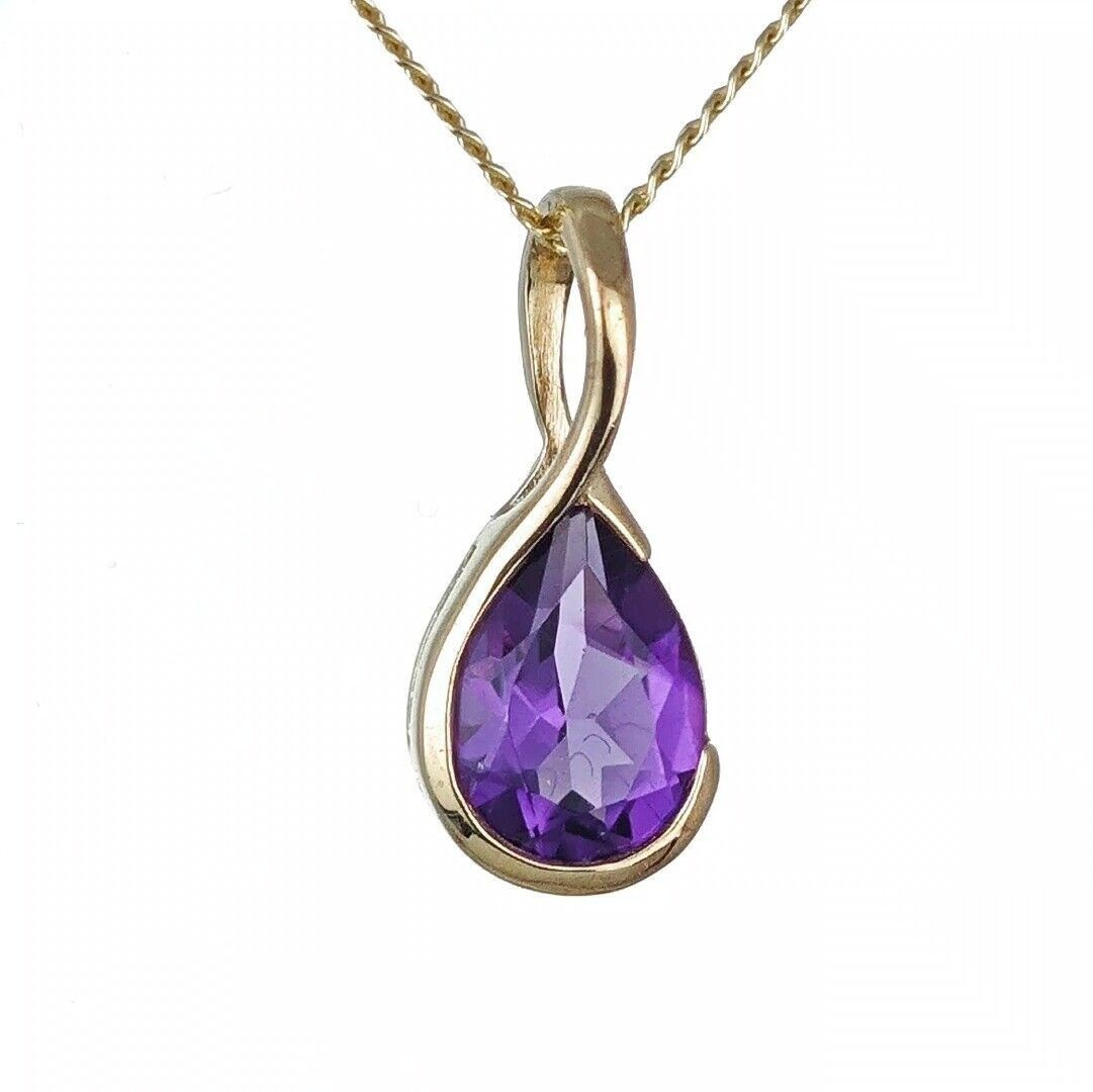 9ct Gold Amethyst Necklace Infinity Loop Natural Purple Pear Gemstone Handmade