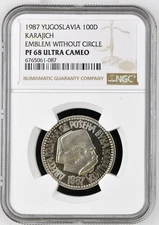 1987 Yugoslavia 100 Dinara Karajich Emblem without Circle NGC PF 68 ULTRA CAMEO