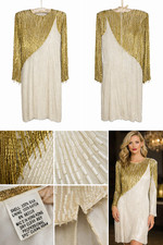 Vintage Silk Beaded Gold Ivory Fringe Dress Gown Couture Saks Style 1980s