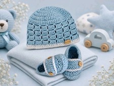 Handmade crochet Baby Boy Hat Set  Newborn Beanie, Booties, Mittens