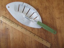 Vintage Foley Aluminum Hand Held Pot Pan Strainer w/green plastic Handle USA