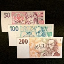 3 x Czechia banknotes (all from 1993) series 50, 100 and 200 Korun P-4, P-5, P-6