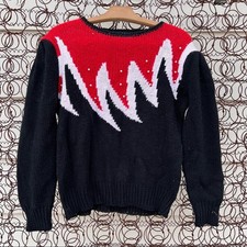 Vintage 90s Right Fashion red and white flame knit puff sleeve sweater MEDIUM