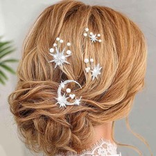 4 PCS Star Moon Bride Wedding Hair Pins, Silver Rhinestone, Pearl Prom Accessory