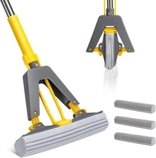 Sponge Mop,Masthome Roller Mop,Easy Self Squeeze Yellow and Gray 