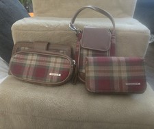 Longaberger Red Green Beige Check Plaid Handbag Purse Accessories 4pc Set
