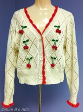 Sweater Y2K Adorable Loose Knit Acrylic V-Neck Ivory/Red "Cherry" Cardigan Md