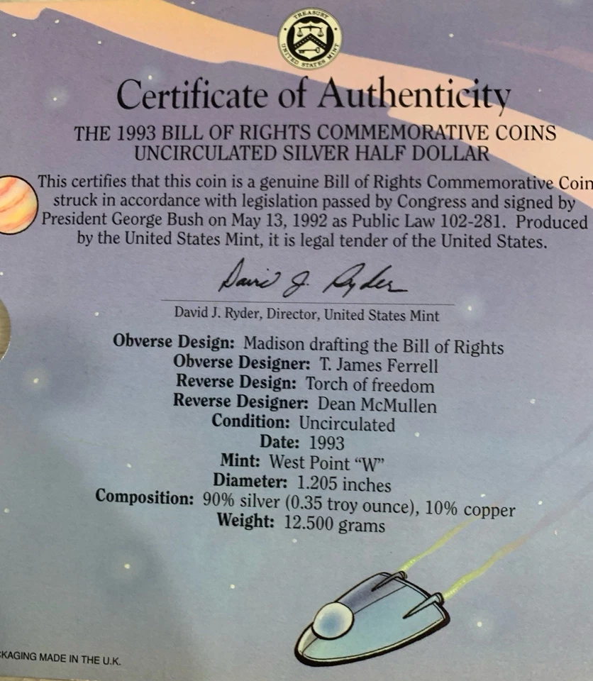 SILVER 90% PROOF HALF DOLLAR {Bill Of Rights Young Collector} 1993 West Point - Image 2 of 4