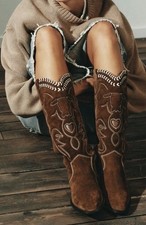Zara Brown Embroidered Suede Leather Western Cowboy Boots UK5 EU38 US7.5 # B154