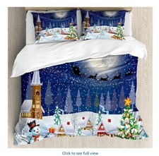 Ambesonne Christmas Duvet Cover Set, Winter Season Snowman Xmas Tree Santa...