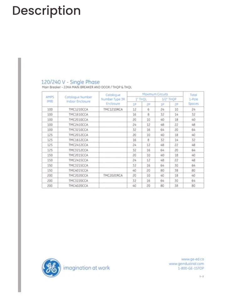 GE TMC1210CCA Main Breaker Indoor Enclosure | Single-Phase | 120-240 VAC (New!) - Image 3 of 3