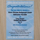 Yang Hansen 2025-26 Bowman Rookie Green Auto Redemption /99 Unscratched