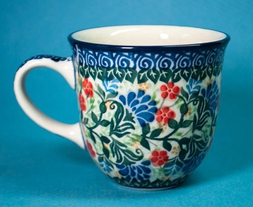 Polish Pottery UNIKAT 2096 8-oz Coffee Mug Cup Handpainted Signed 3-3/8" Tall