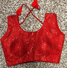 Women&rsquo;s Red indian Sequin Choli Blouse Top Hook-and-Eye Back Tie Straps.