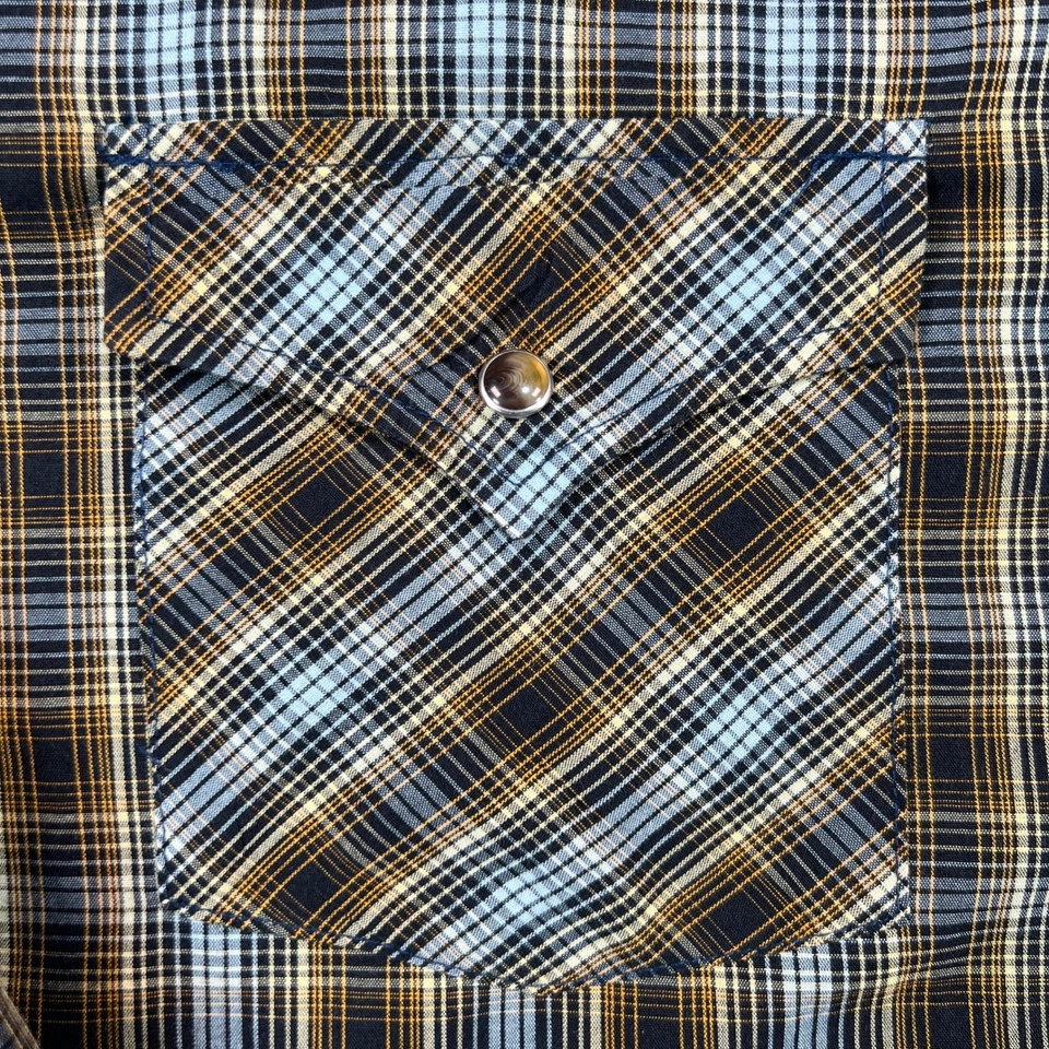 Pendleton Frontier Shirt Men Medium Blue Tan Plaid Western Pearl Snap Flap Pkts - Image 3 of 4