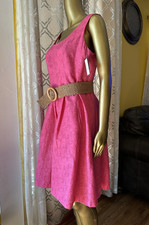Nine West Rose Striped Belted A-Line Sleeveless Dress Scoop Neck Zip Size 8