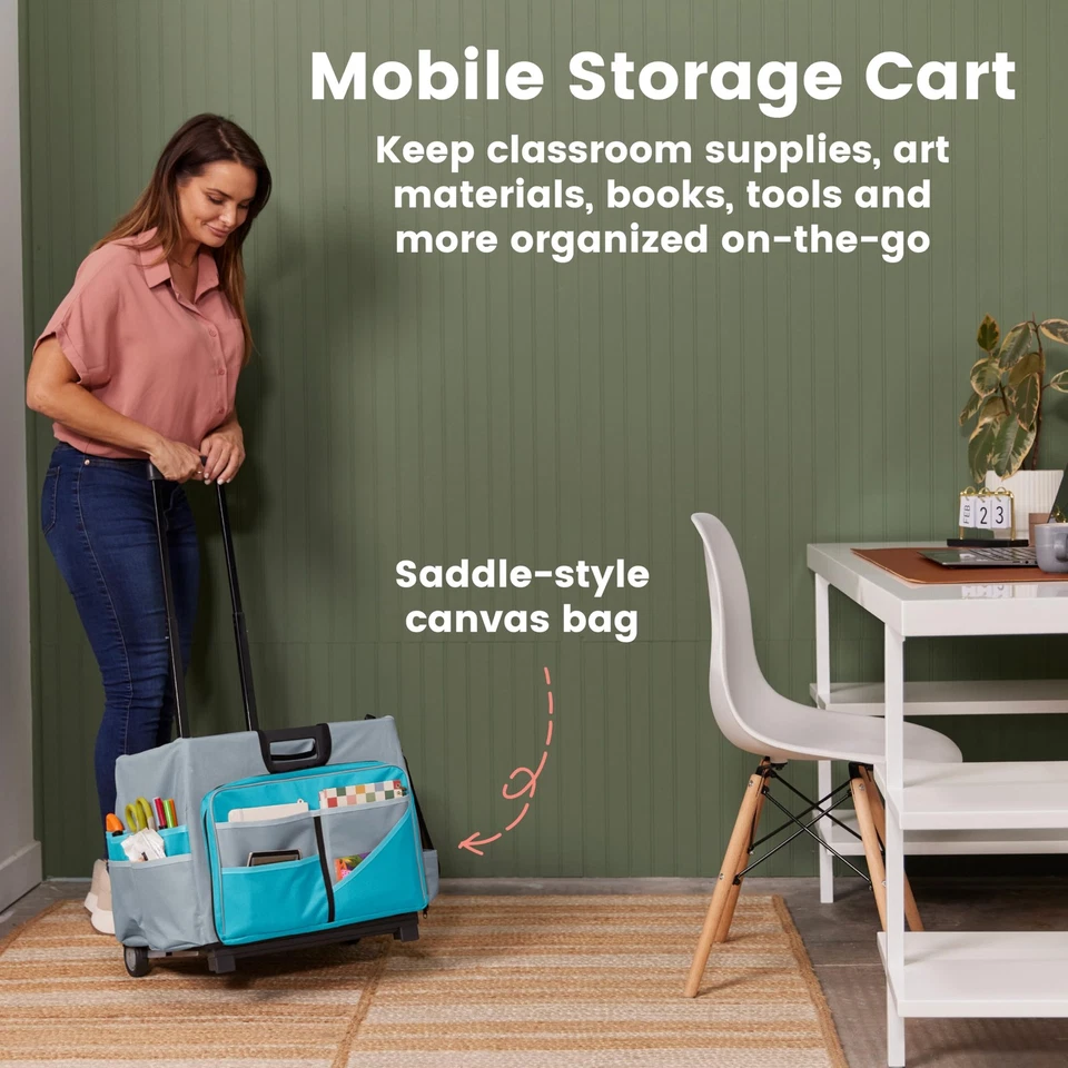 Carro con ruedas universal con bolsa organizadora de lona, almacenamiento móvil, turquesa/gris Foto 3 de 4