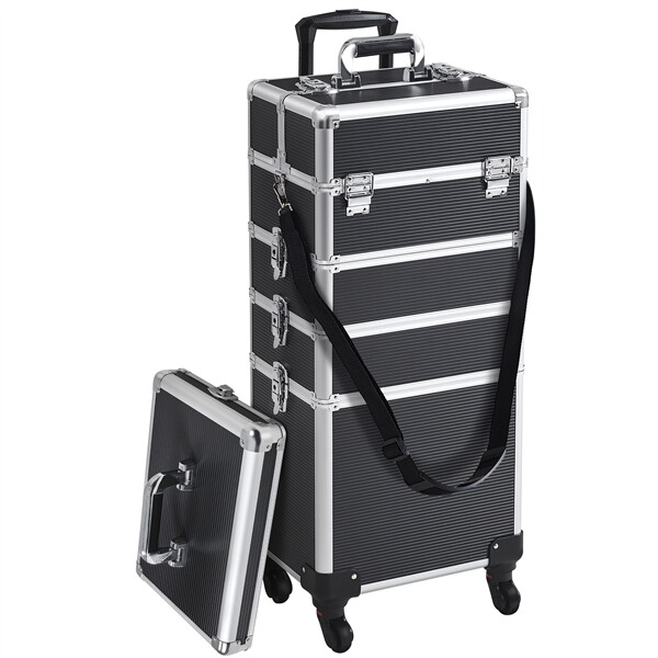 Rolling Cosmetic Makeup Train Case Beauty Barber Organizer Aluminum Black Used