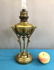 Ancienne lampe à pétrole tripode bronze 59cm Athénienne no globe tulipe cristal