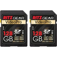 Ritz Gear 128GB High-Speed SDXC UHS-II SD Card, C10, U3, V90, HD & 8K - 2 Pack
