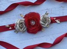 Red /Gold Flower Sash Belt For Toddler/ Girl, Holiday Sash, Christmas Sash