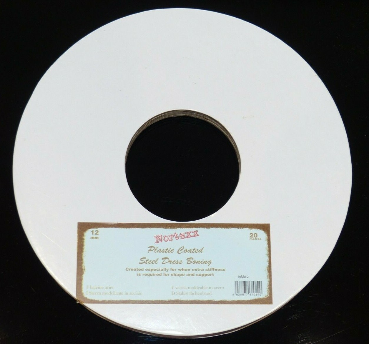 Nortexx White Plastic Covered Steel Boning - 12 mm x 20 m Reel
