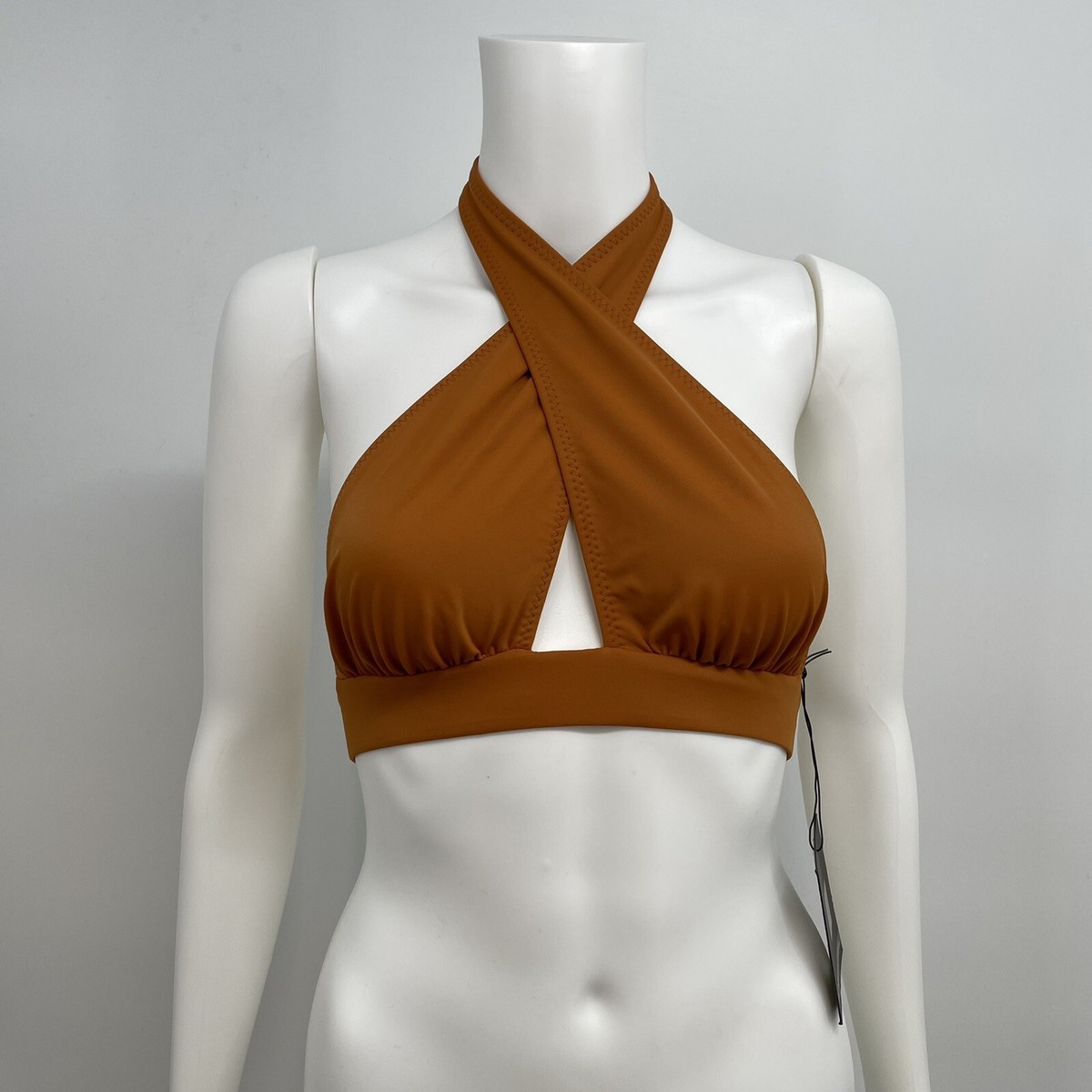 NWT Norma Kamali Cross Halter Bikini Top in Bronze -Size XS