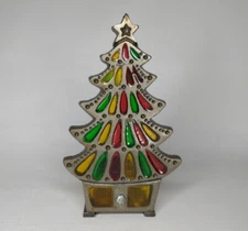 Vintage Stained Glass Look Cast Iron Christmas Tree Candle Holder Taiwan