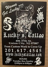vintage LUCKY'S TATTOO SHOP STICKER 3.5 x 5.5" UNUSED union city NJ