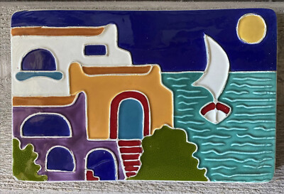 Cindy Wallace Pottery Tile Wall Hanging Mediterranean Sea Coastal