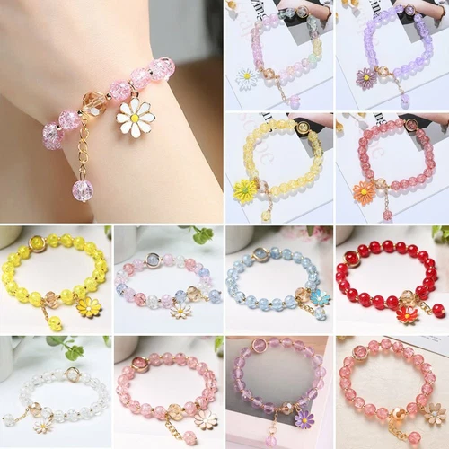 Sweet Crystal Beaded Daisy Flower Lucky Bracelet Elastic Bangle Women Jewelry