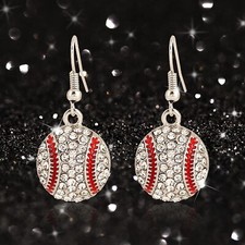 Red and White Rhinestone Crystal Baseball Dangle Earrings Sports Silver Plated