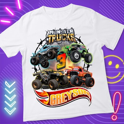Monster Truck Birthday Custom T shirt Kids size White Crew Neck