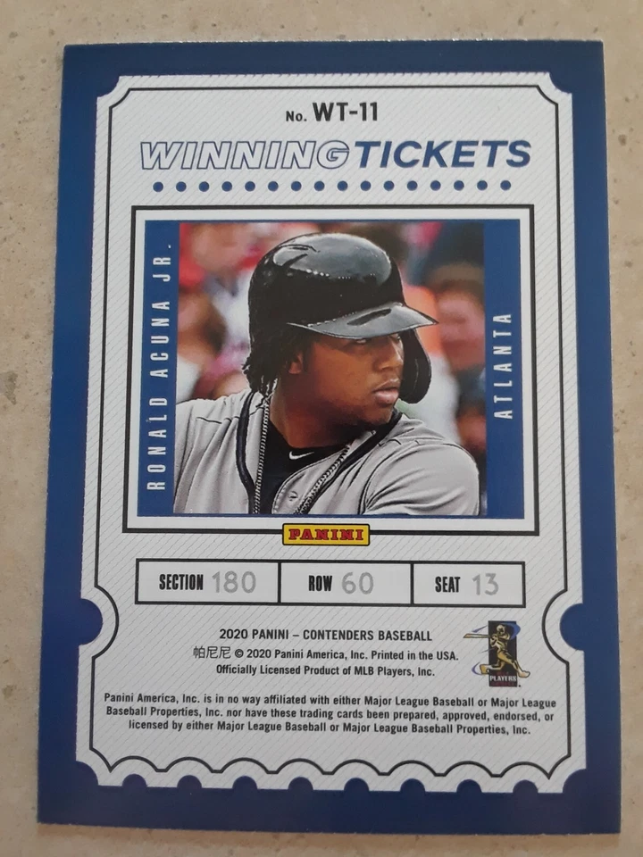 Ronald Acuna Jr. 2020 Panini Contenders Winning Ticket #WT-11 Atlanta Braves - Image 2 of 2