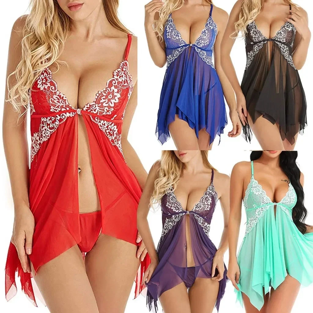 Women Lingerie Lace Chemise Sexy Nightgown Modal Babydoll Side Slit Sleepwear