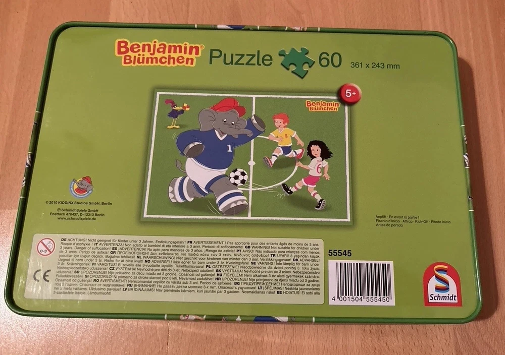 Schmidt Spiele 55545, Benjamin Blümchen, Anpfiff!, 60 Teile Puzzle, Blechdose