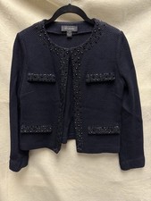 St. John Jacket Size 4 Navy Blue Black Knit Rhinestone Trim Blazer