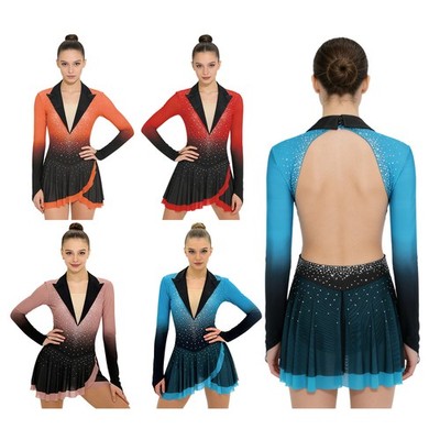 Damen V-Ausschnitt Langarm Ballettkleid Asymmetrischer Rock Hakenfinger Ballett