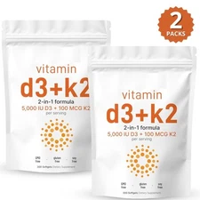 (Pack Of 2) Premium Vitamin D3 5000 IU +K2 MK-7 100mcg Supplement**Free Shipping