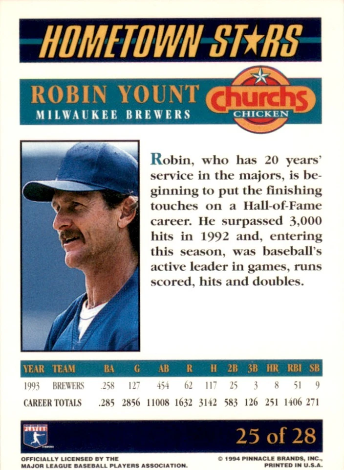 1994 Pinnacle Church's Hometown Stars Gold #25 Robin Yount Milwaukee Brewers - Image 2 of 2