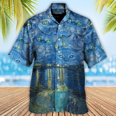 Cat Hawaiian Shirt For Summer Cat Starry Night Art Aloha Shirts   Best Cool Cat