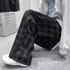 Men's Plaid Straight Leg Pants, Mid Waist Casual Trousers