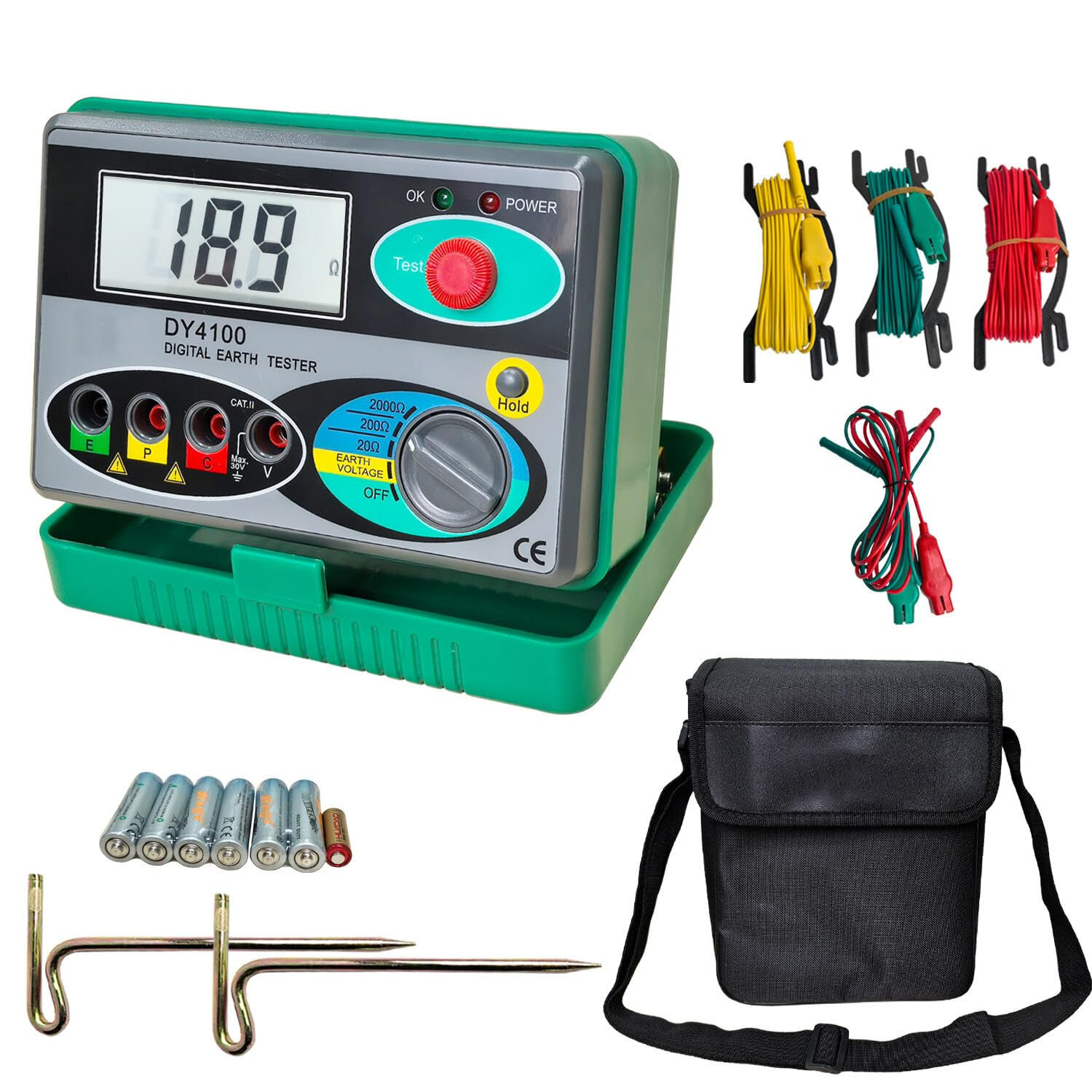 Professional Digital Earth Ground Tester Kit - 2000Ω Resistance & 30V AC Voltage