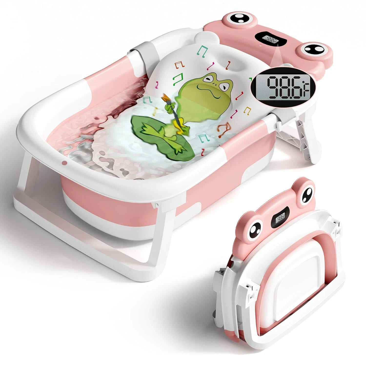 Collapsible Baby Bathtub, Bath Tub for 0~24 Months with Soft Cushion Thermometer