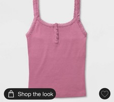 Women s Pink Solid Lace Trim Button Front Spaghetti Strap Camisole Top S