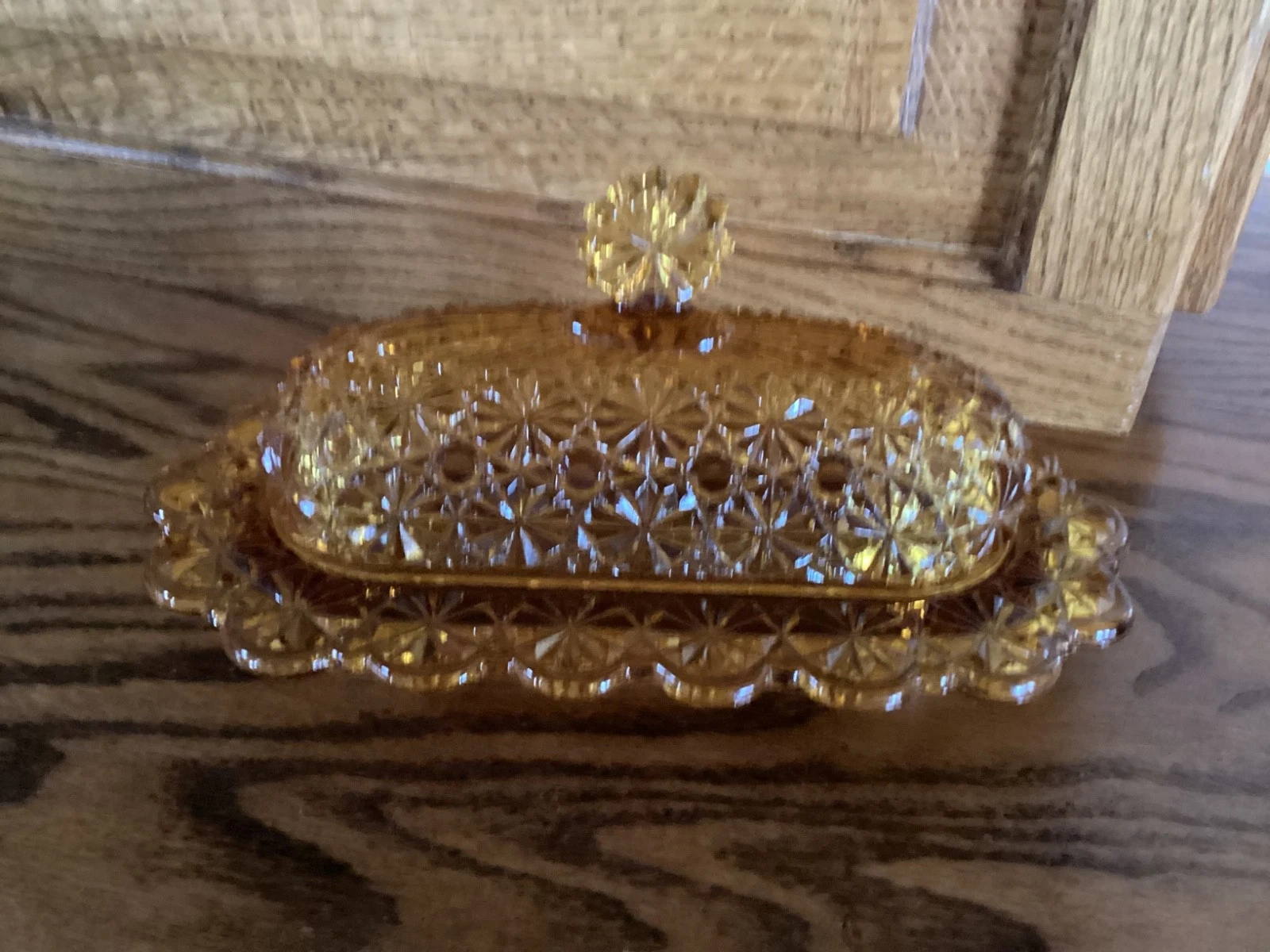 Vintage L. G. Wright Fenton Amber Daisy And Button Butter Dish W/Lid