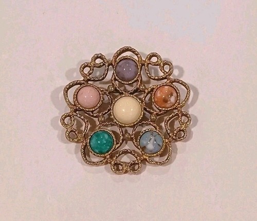 Vintage Sarah Coventry Brooch Floral Design With Colored Cabachons
